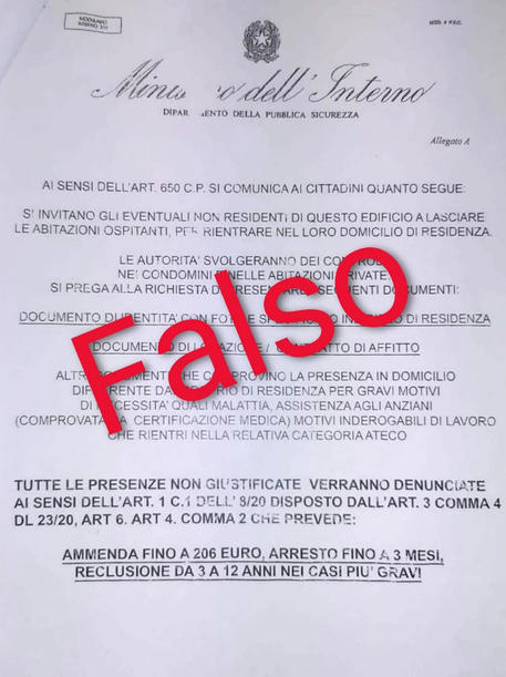 CORONAVIRUS - FALSI VOLANTINI CON INTESTAZIONE DEL MINISTERO DELL’INTERNO